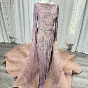 Iyza Belaar Beaded Sequin Embroidered Hand Beaded Gown Dress Purple Size 8